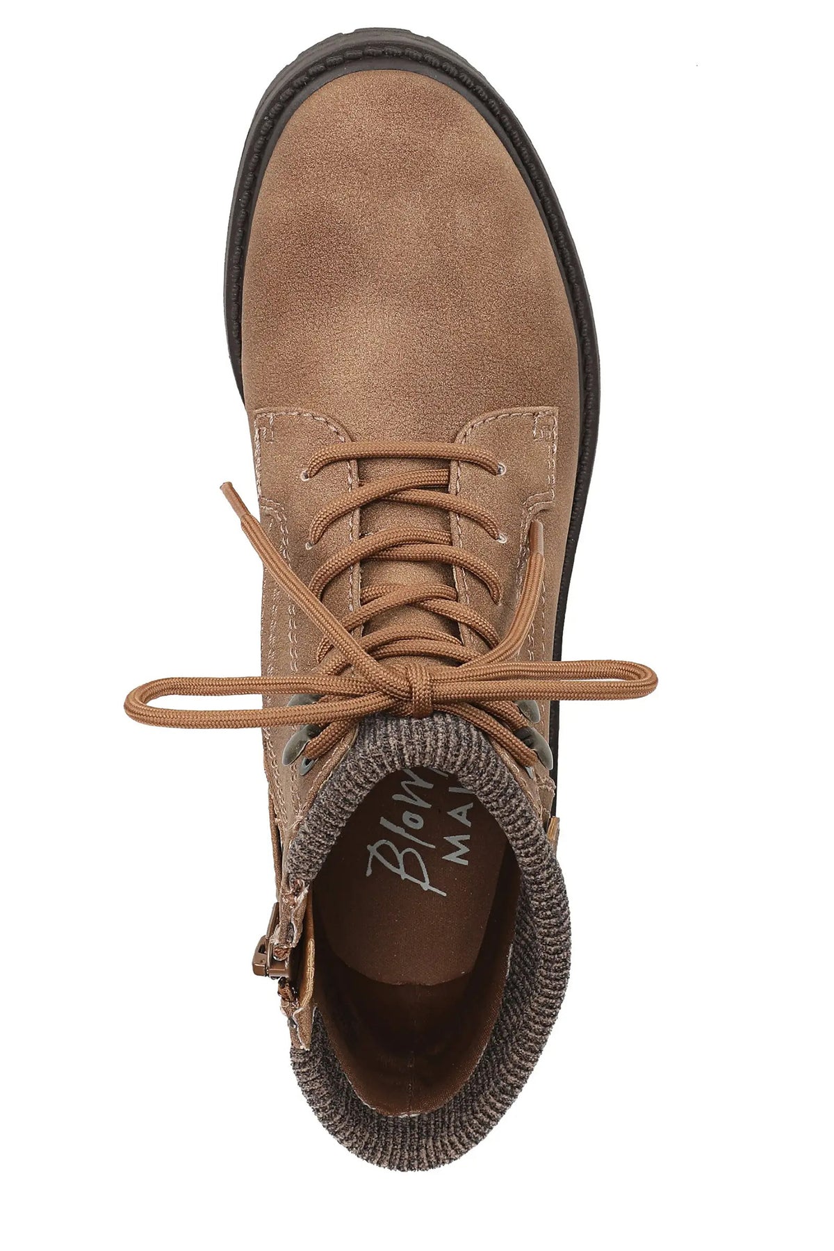Blowfish Astor Tan Brown Boots J9885, top view showing knitted collar