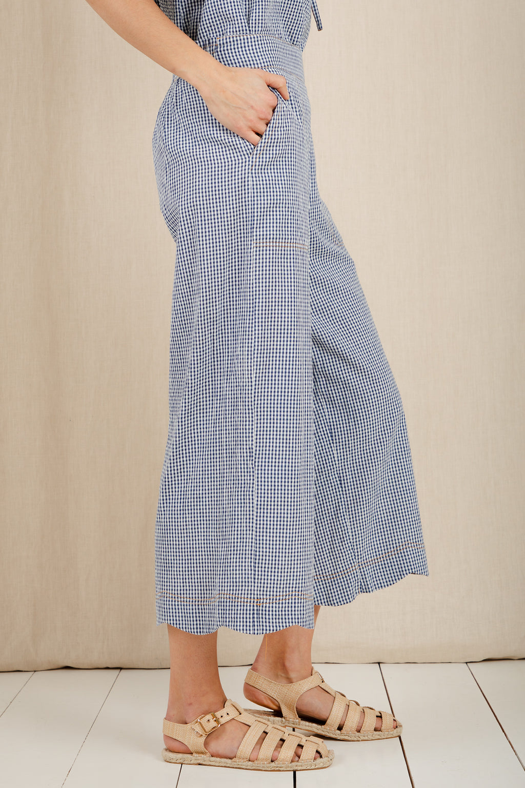 Bonte Aide Navy Gingham Organic Cotton Seersucker Trousers