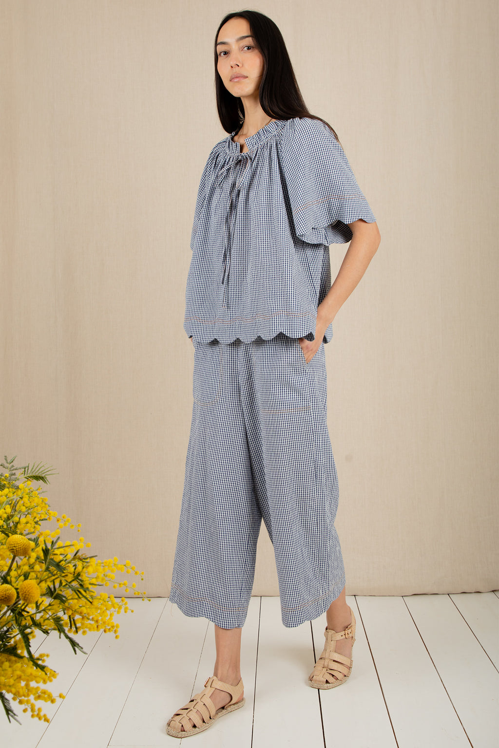 Bonte Aide Navy Gingham Organic Cotton Seersucker Trousers