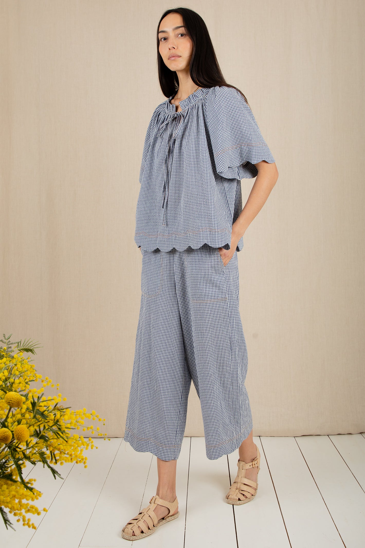 Bonte Aide Navy Gingham Organic Cotton Seersucker Trousers