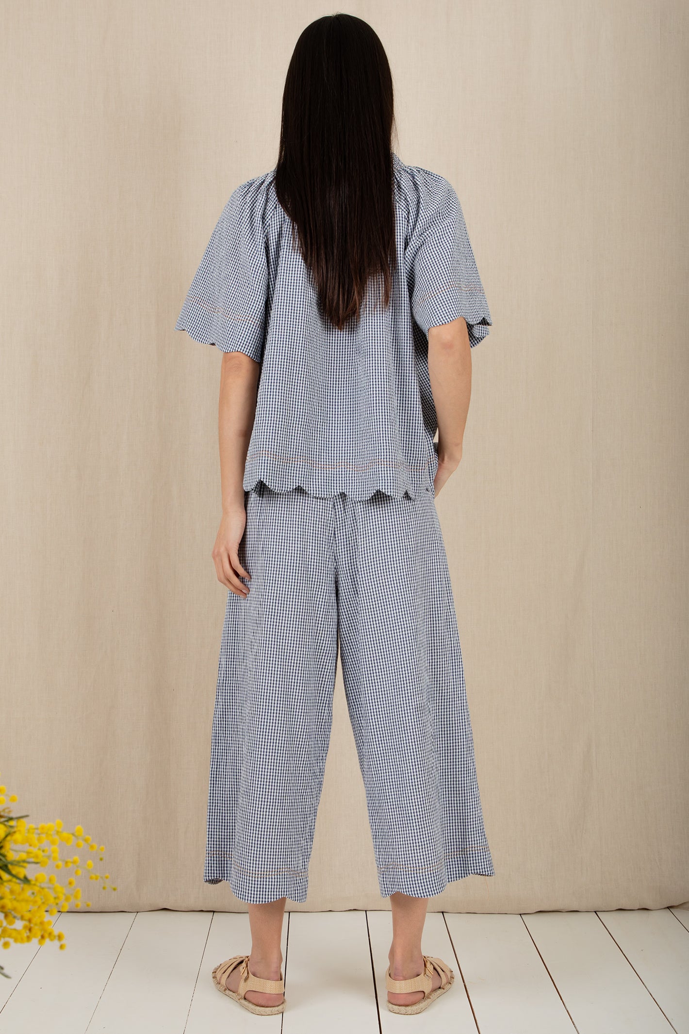 Bonte Aide Navy Gingham Organic Cotton Seersucker Trousers