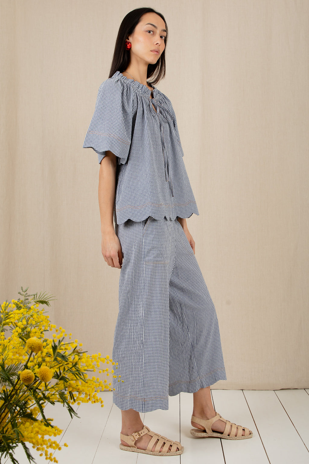Bonte Aide Navy Gingham Organic Cotton Seersucker Trousers