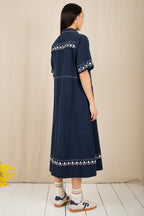 Bonte Andie Navy Ecru Cotton Linen Mix Short Sleeve Dress