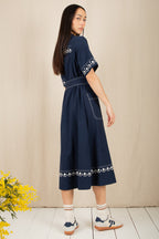 Bonte Andie Navy Ecru Cotton Linen Mix Short Sleeve Dress