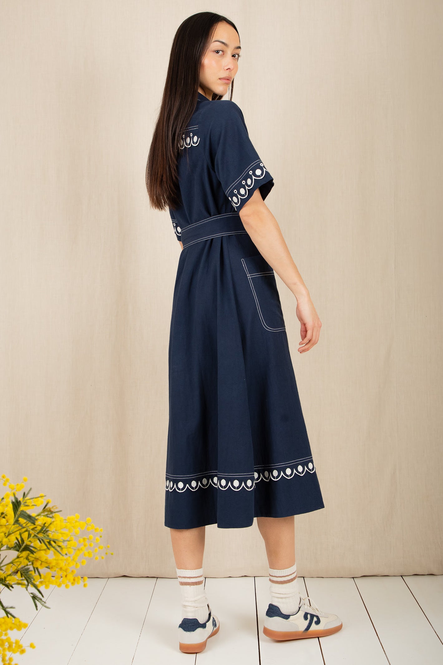 Bonte Andie Navy Ecru Cotton Linen Mix Short Sleeve Dress