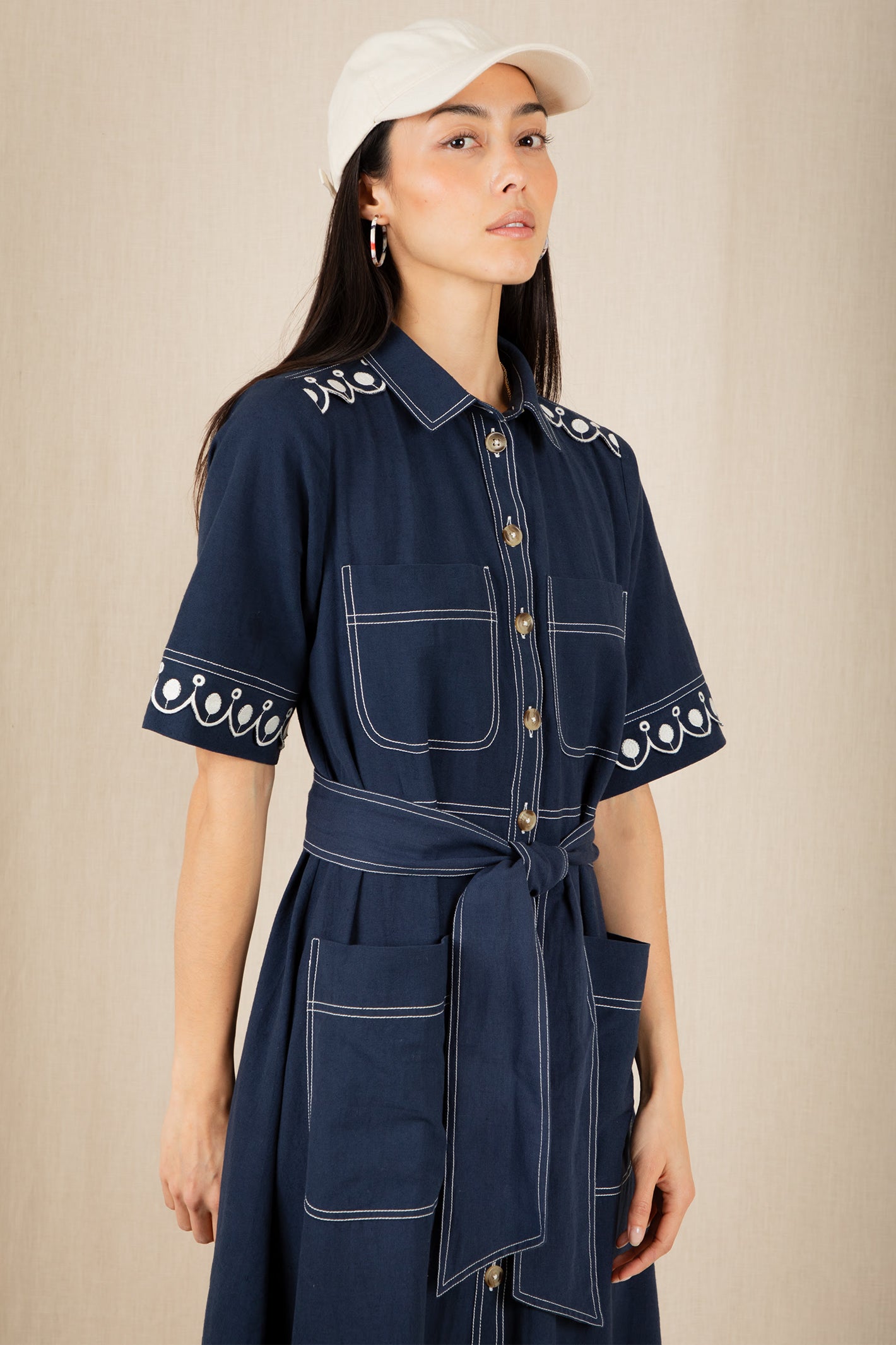 Bonte Andie Navy Ecru Cotton Linen Mix Short Sleeve Dress