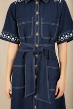 Bonte Andie Navy Ecru Cotton Linen Mix Short Sleeve Dress