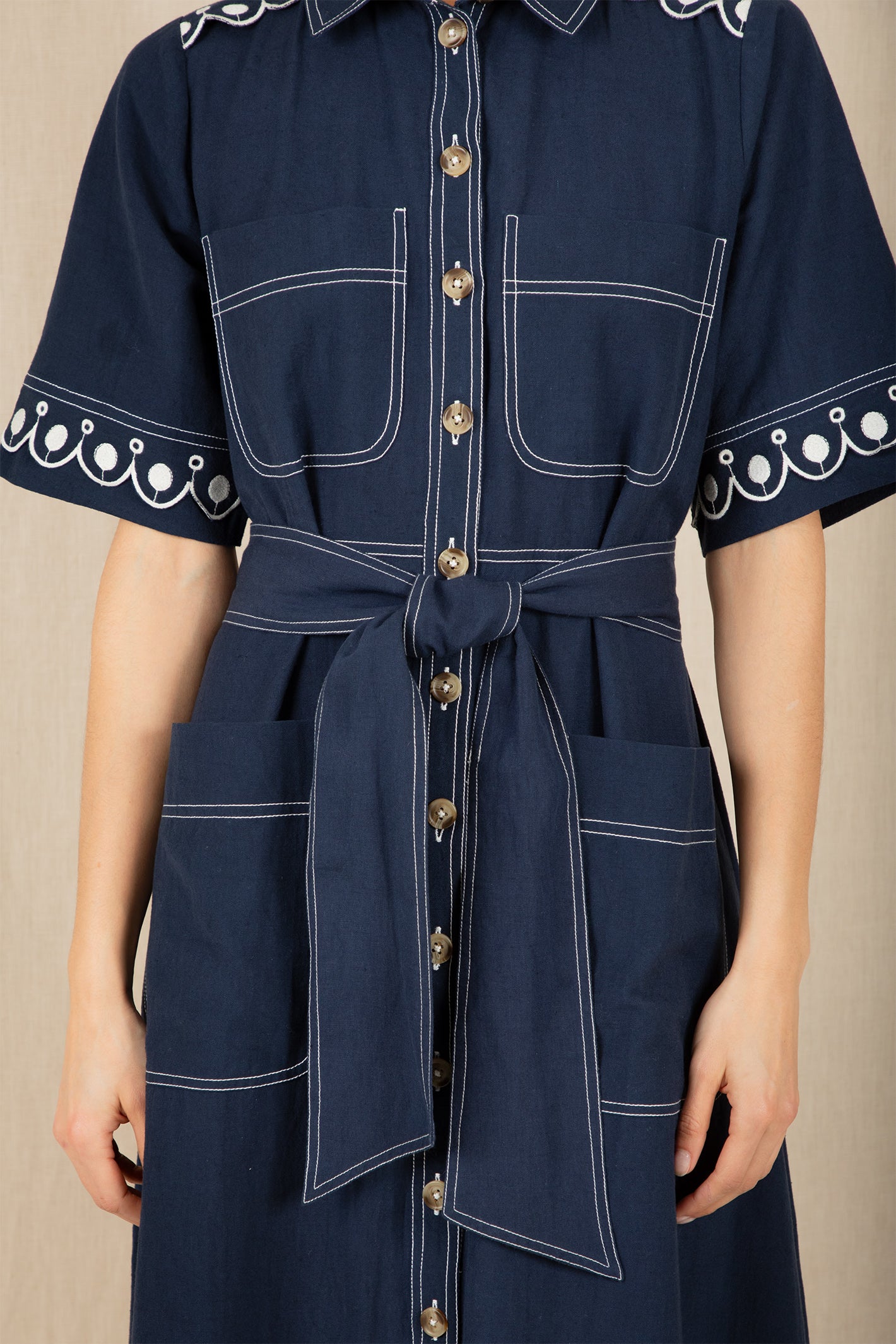 Bonte Andie Navy Ecru Cotton Linen Mix Short Sleeve Dress
