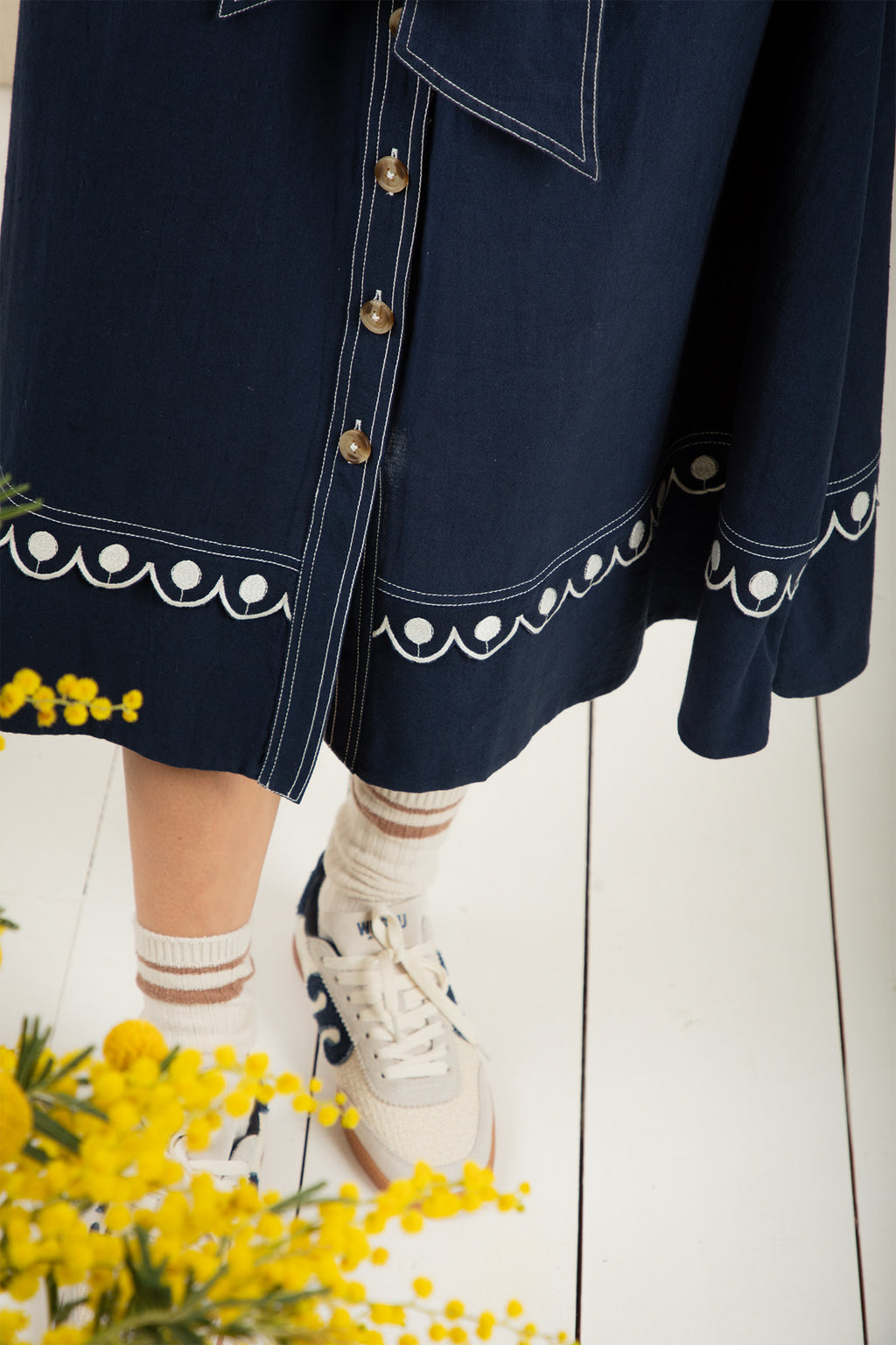 Bonte Andie Navy Ecru Cotton Linen Mix Short Sleeve Dress