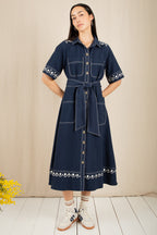Bonte Andie Navy Ecru Cotton Linen Mix Short Sleeve Dress