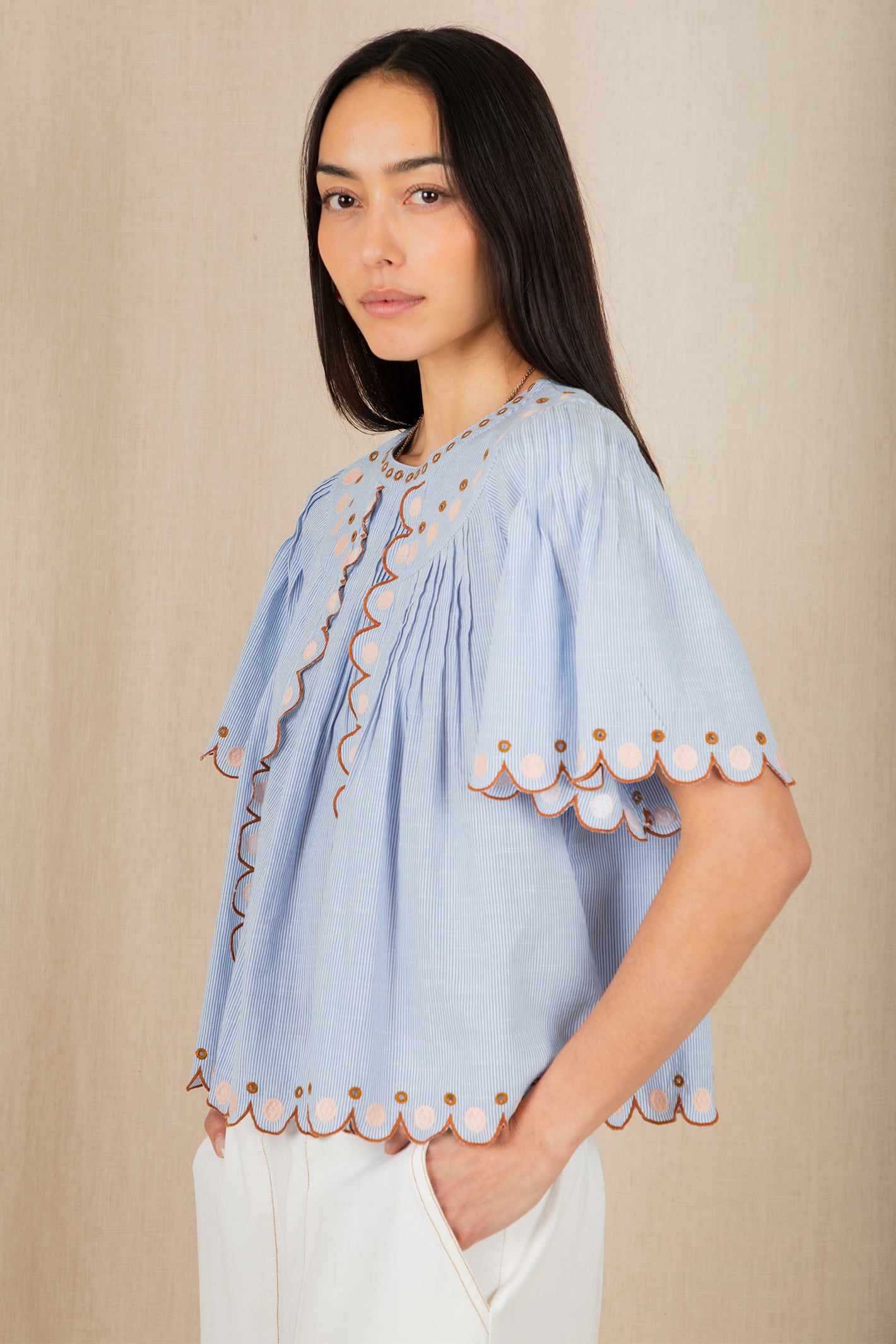 Bonte Flora Blue Yarn-Dyed Organic Cotton Stripe Embroidered Top