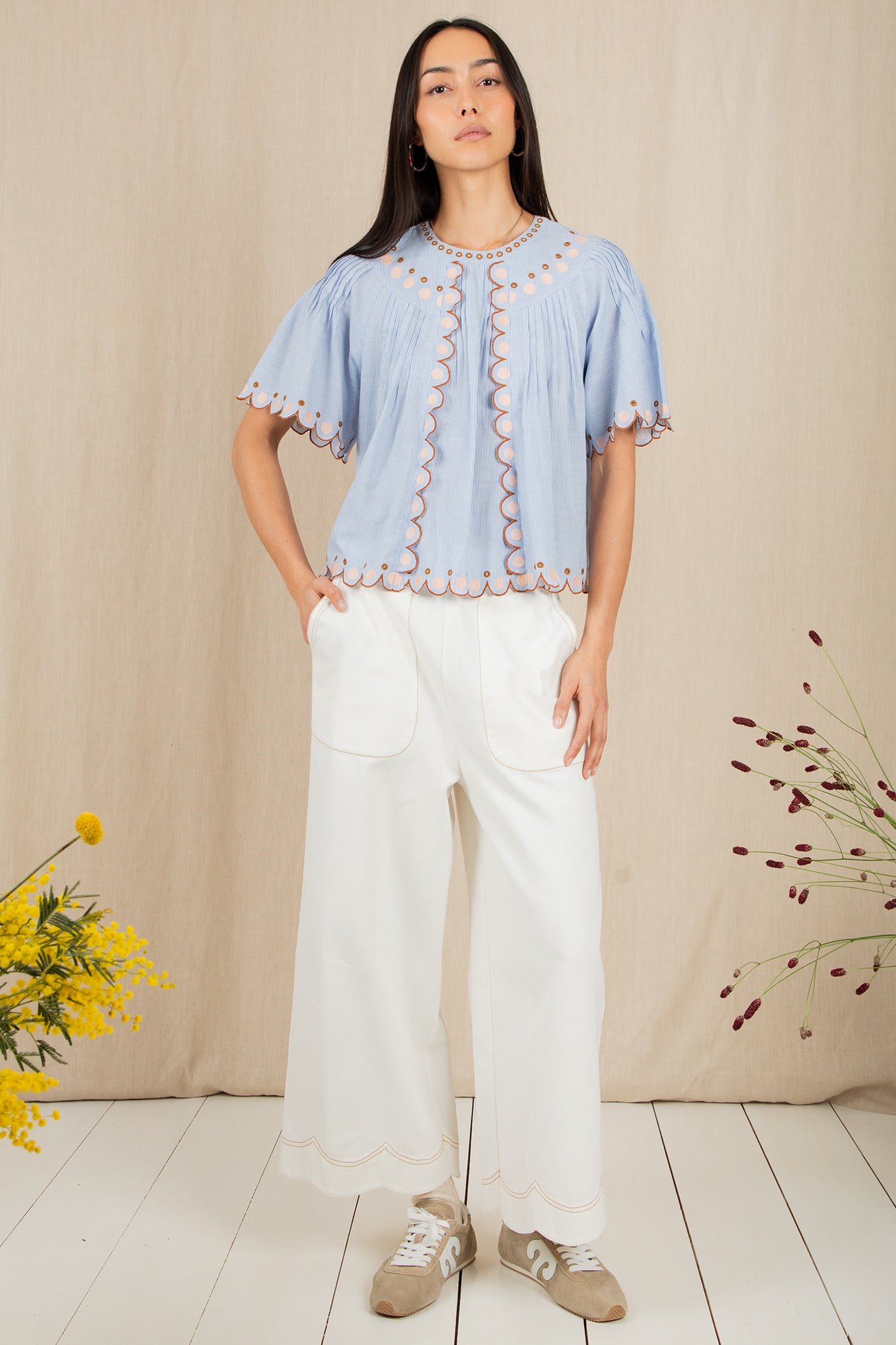 Bonte Flora Blue Yarn-Dyed Organic Cotton Stripe Embroidered Top