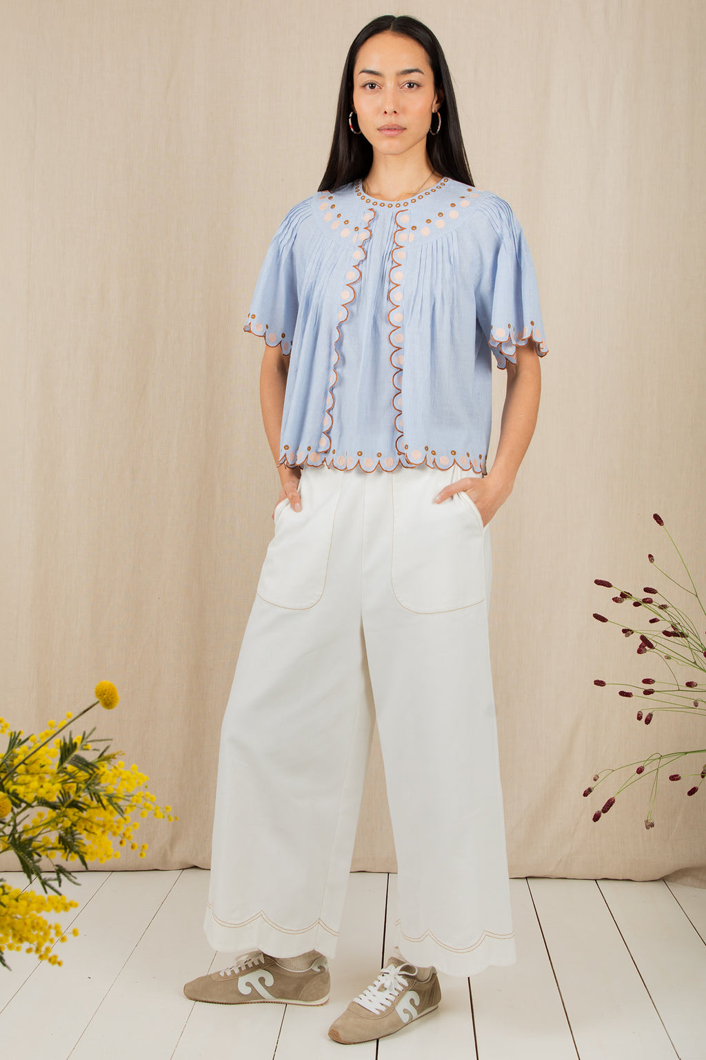 Bonte Flora Blue Yarn-Dyed Organic Cotton Stripe Embroidered Top