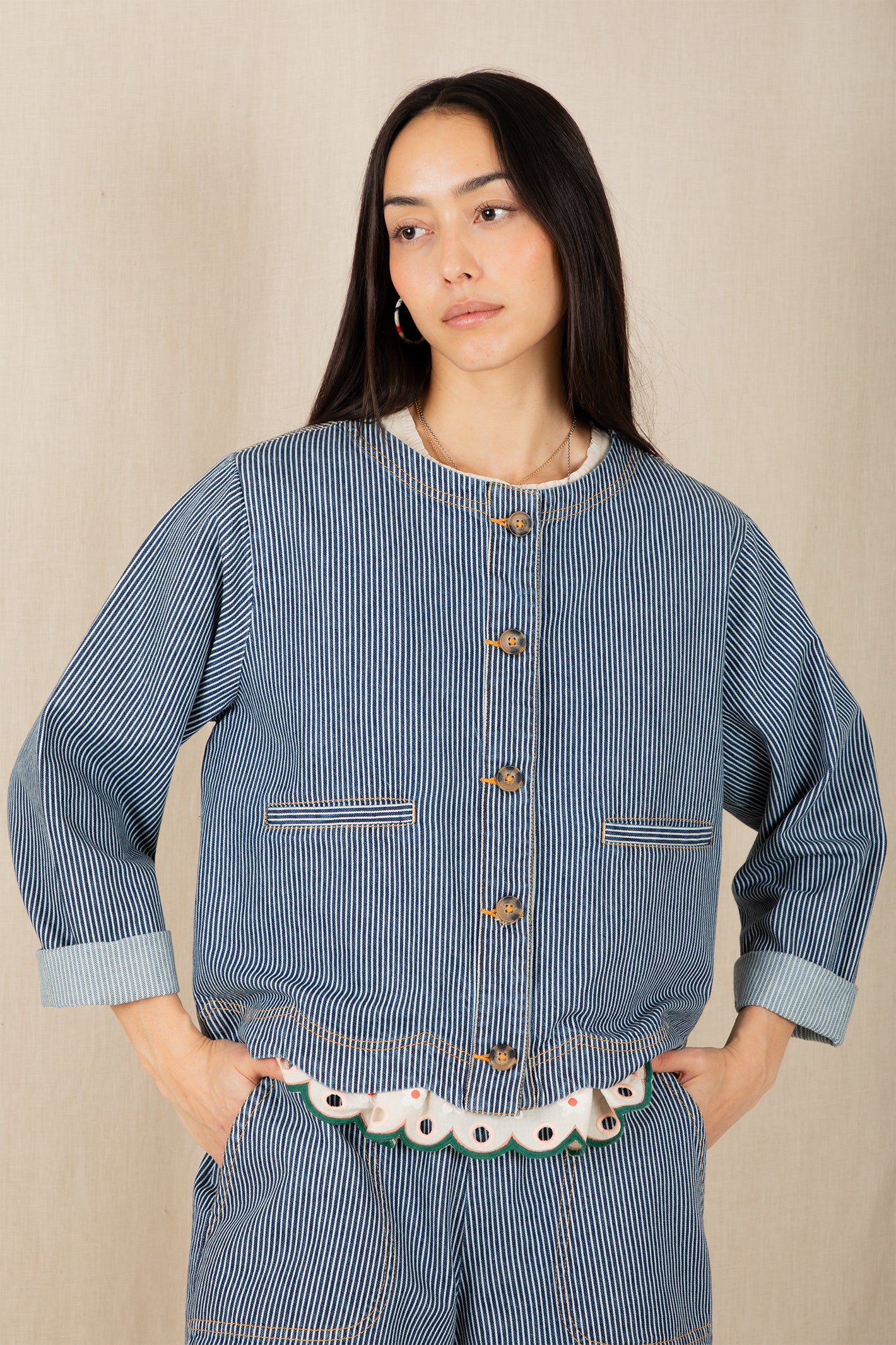 Bonte Marie Blue Ticking Stripe Organic Cotton Denim Jacket