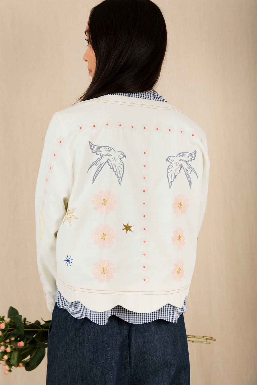 Bonte Rosie Ecru Cream Multicolour Organci Cotton Embroidered Jacket