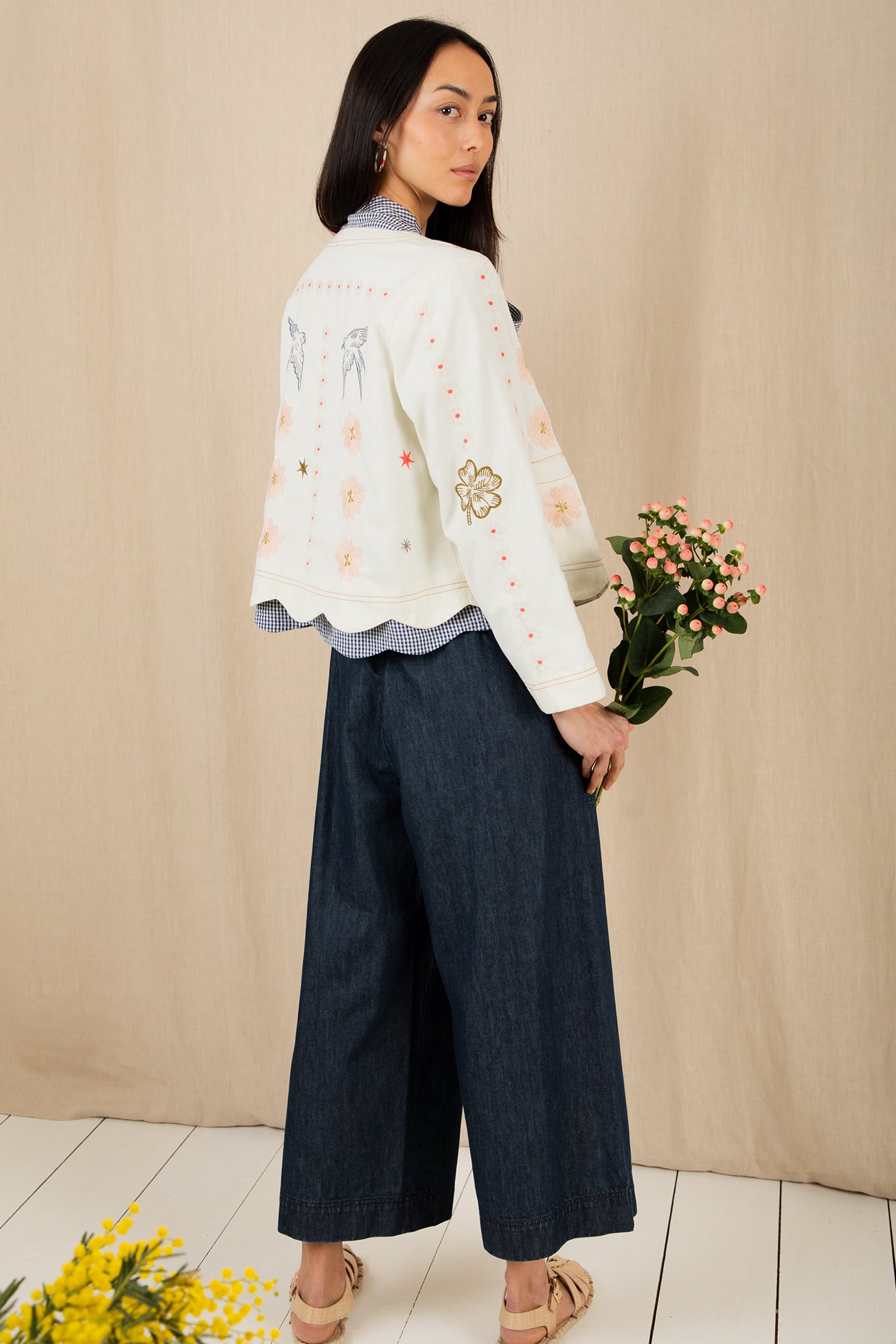 Bonte Rosie Ecru Cream Multicolour Organci Cotton Embroidered Jacket