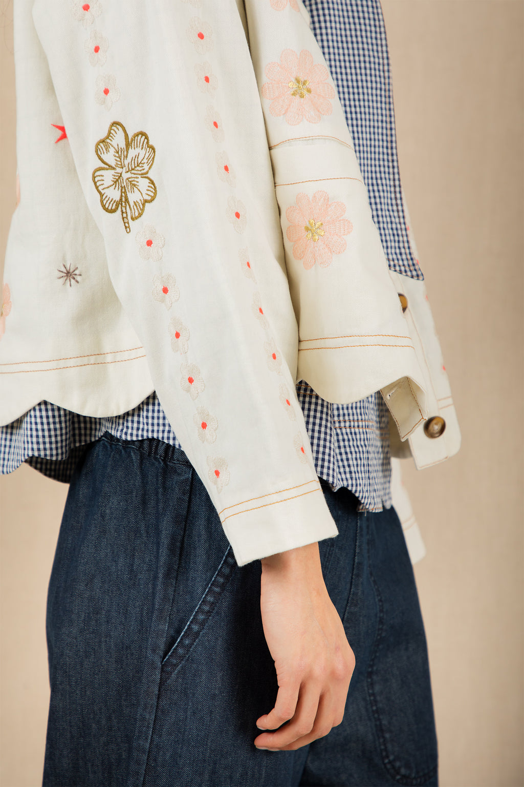 Bonte Rosie Ecru Cream Multicolour Organci Cotton Embroidered Jacket