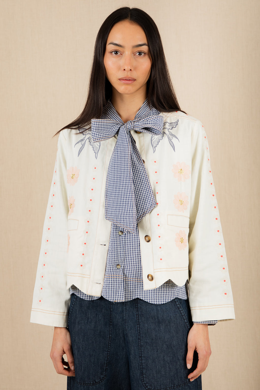 Bonte Rosie Ecru Cream Multicolour Organci Cotton Embroidered Jacket