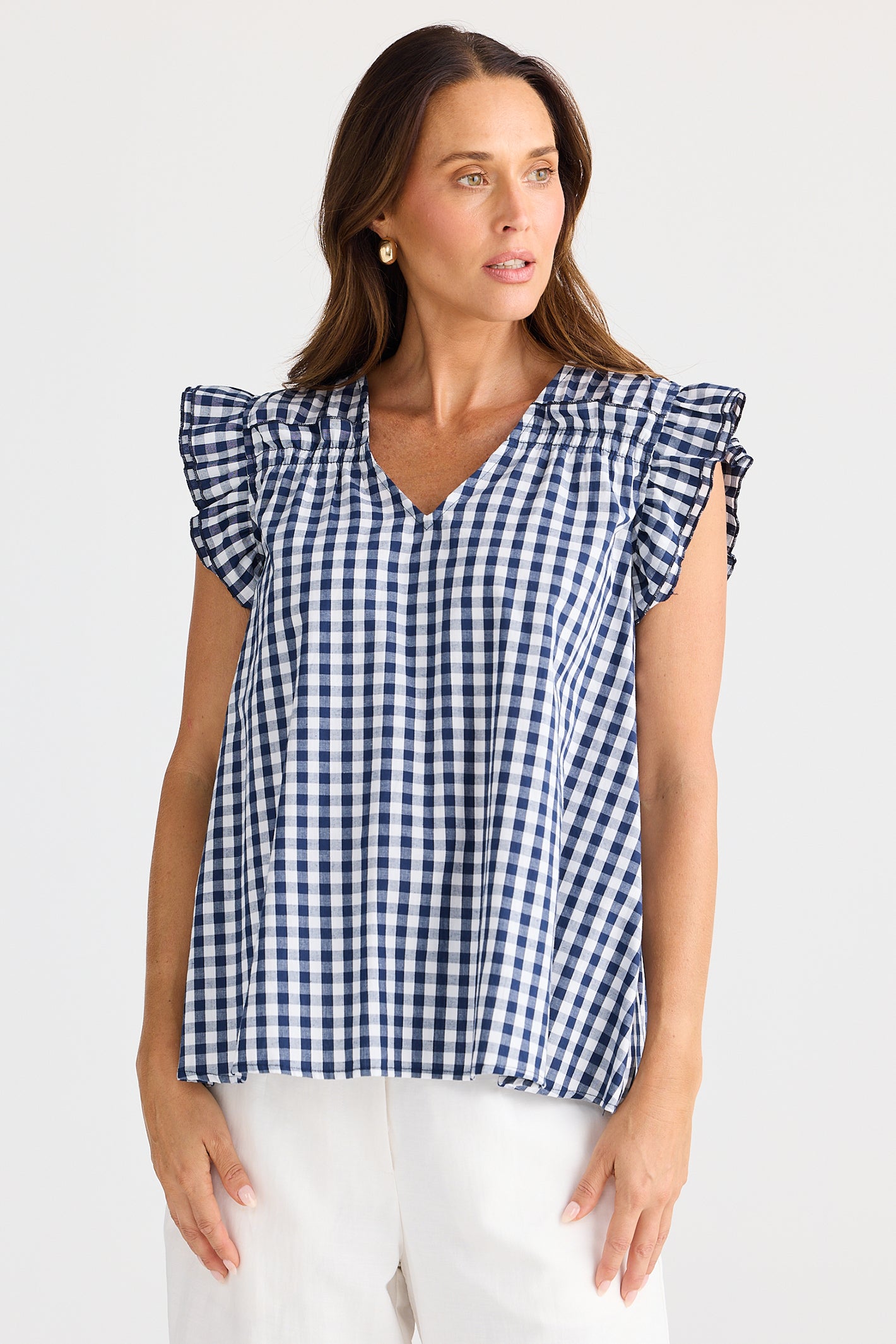 Brave+True BT25381 Paz Navy Gingham Top