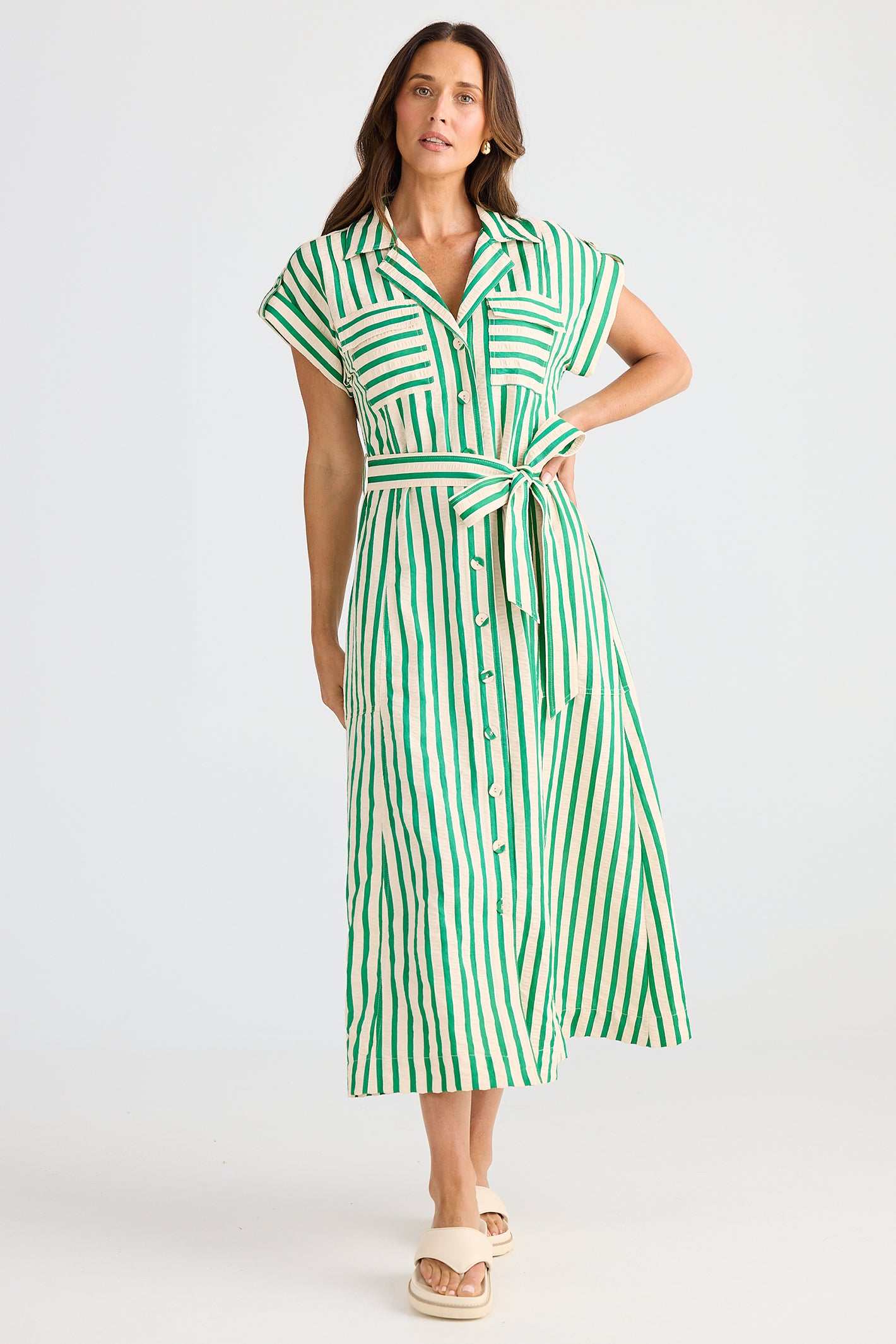 Brave+True BT25421 Portia Jade Green Stripe Shirt Dress