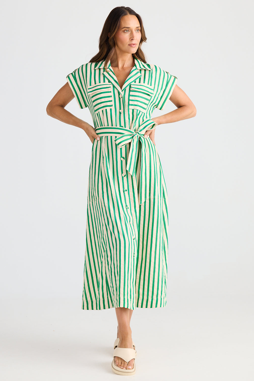 Brave+True BT25421 Portia Jade Green Stripe Shirt Dress