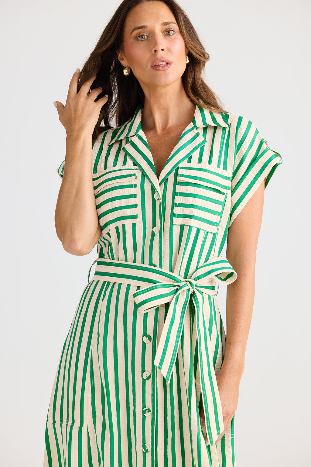 Brave+True BT25421 Portia Jade Green Stripe Shirt Dress