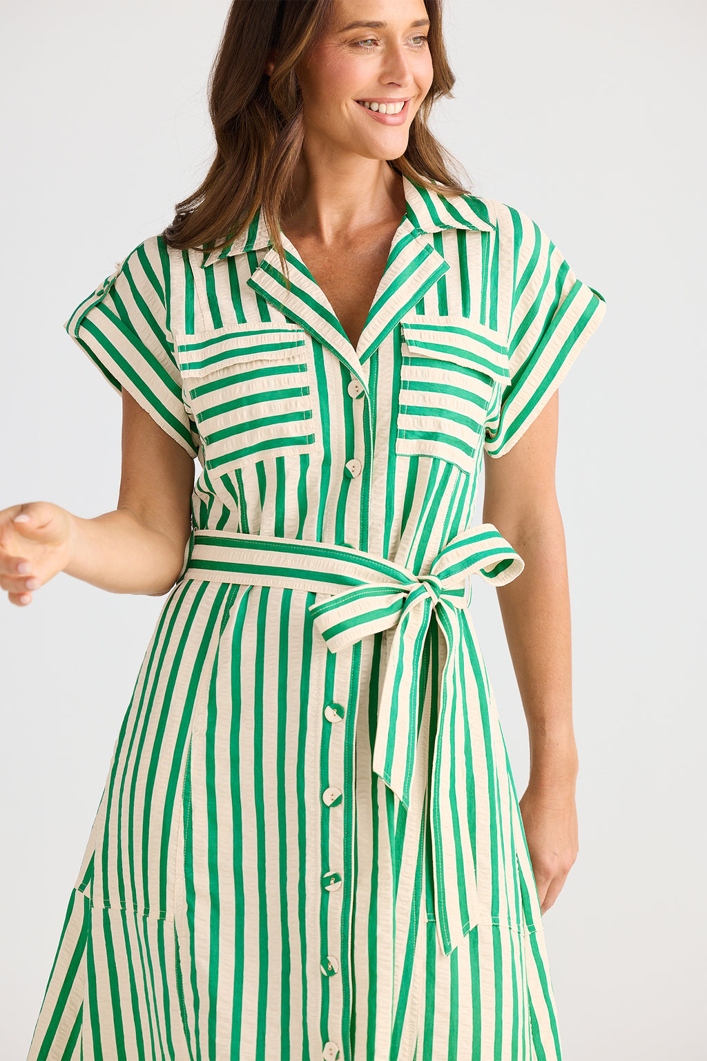 Brave+True BT25421 Portia Jade Green Stripe Shirt Dress