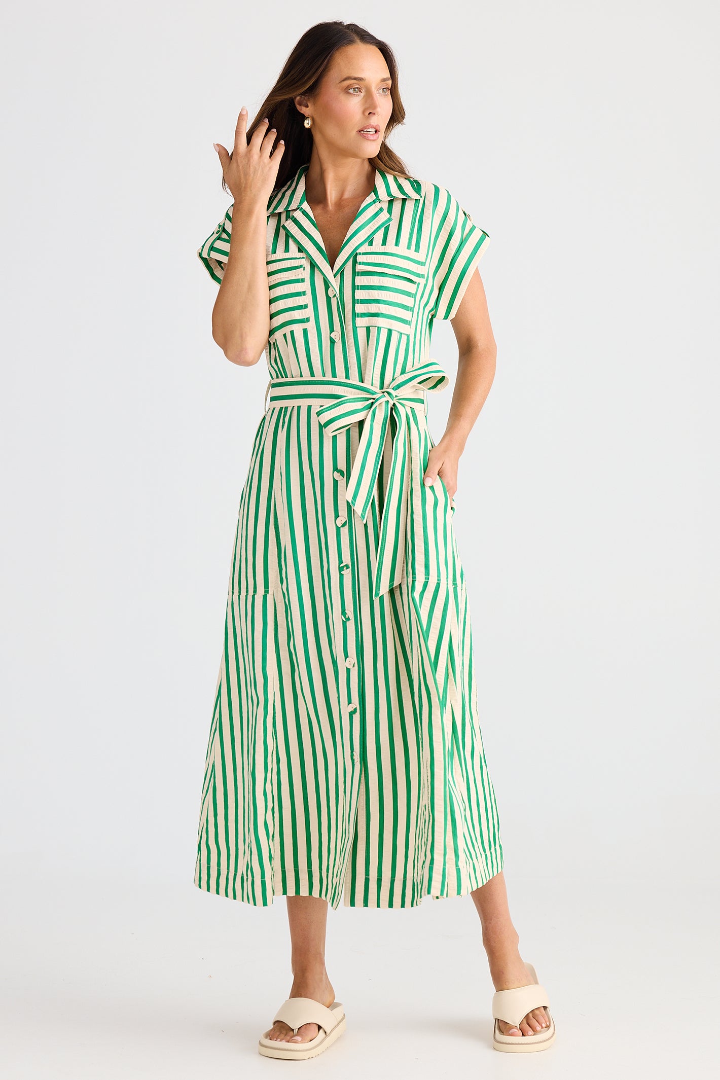 Brave+True BT25421 Portia Jade Green Stripe Shirt Dress