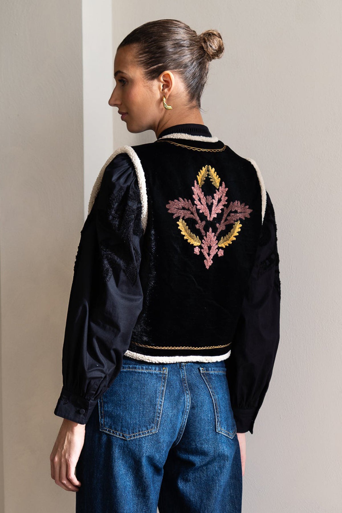BRDR Celia Noir Black Vest, back embroidery close crop