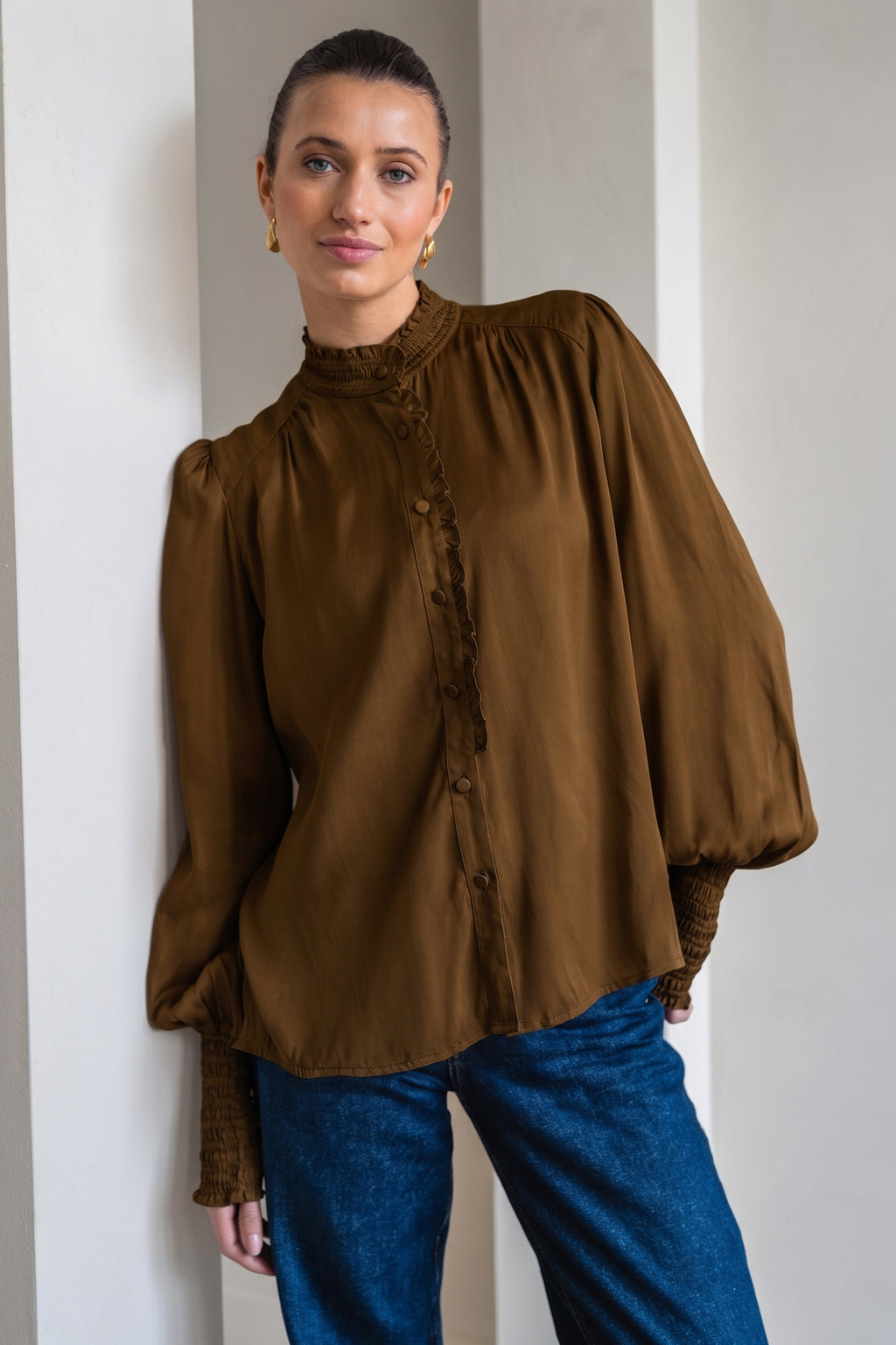 BRDR Dune Chocolate Brown Blouse, front view