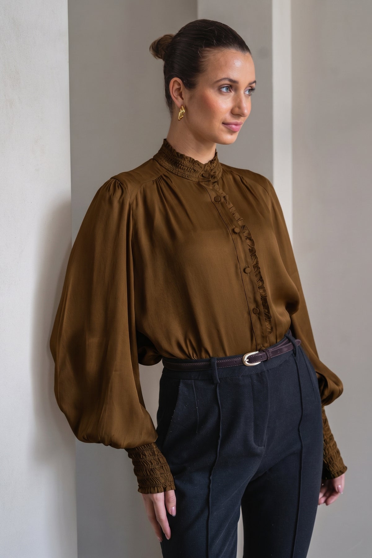 BRDR Dune Chocolate Brown Blouse, tucked in, three-quarter view