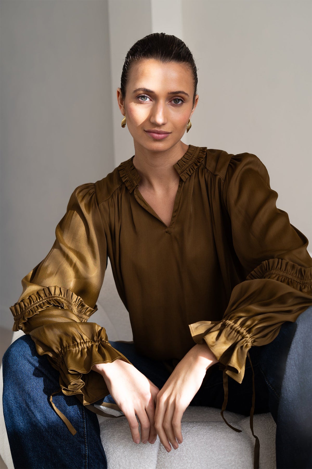 BRDR Live Roasted Olive Green Blouse, front seated