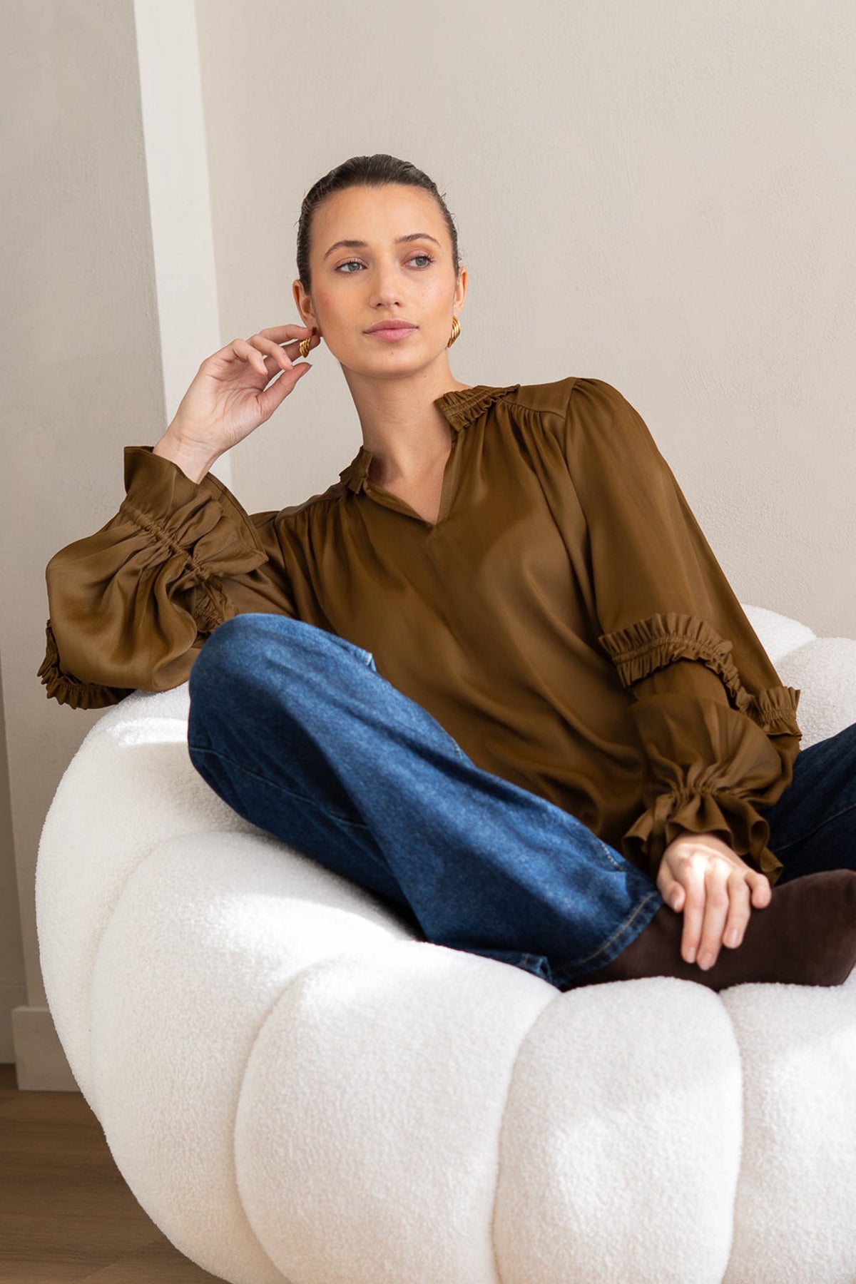 BRDR Live Roasted Olive Green Blouse, styled with wide-leg jeans