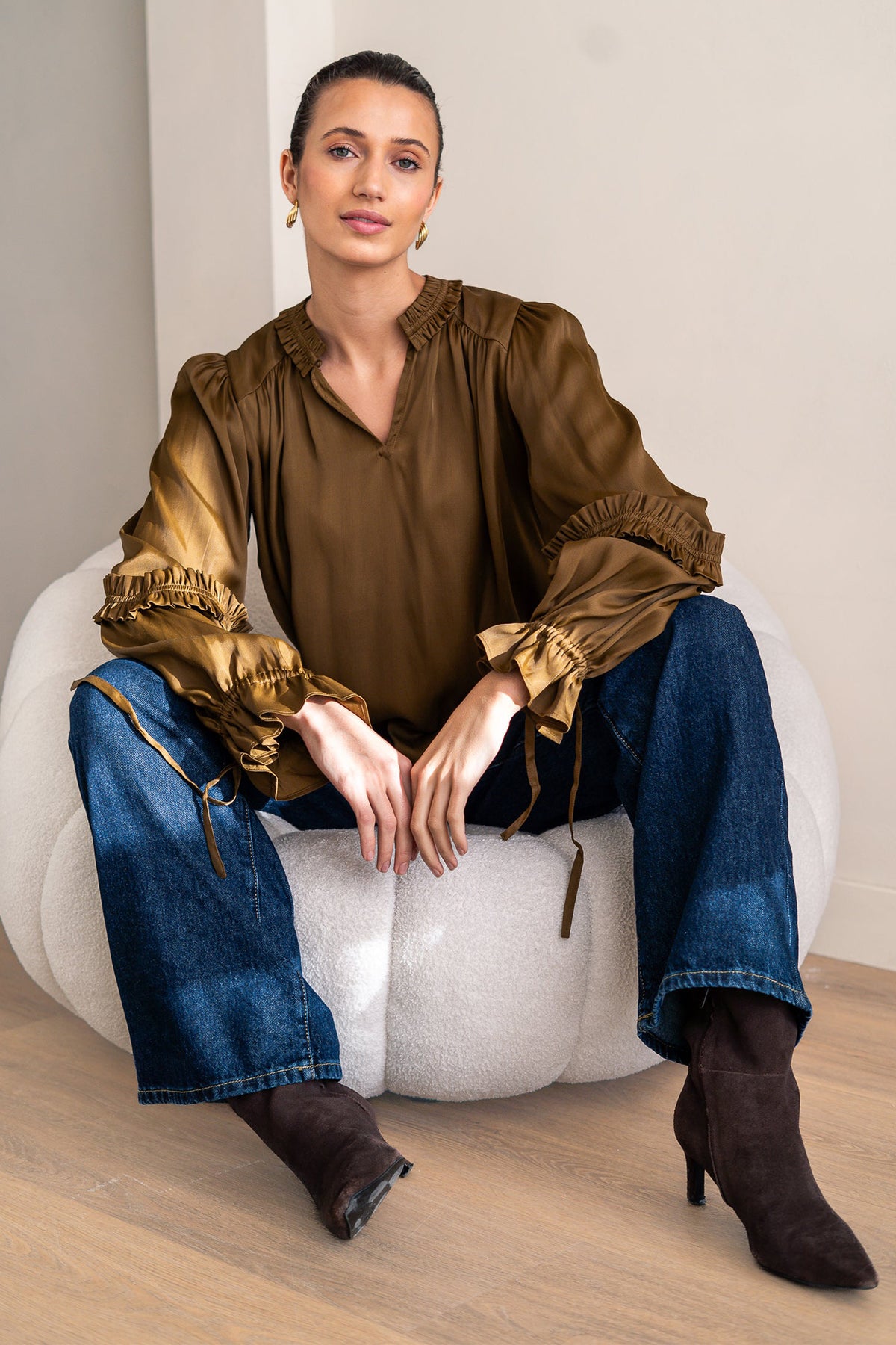 BRDR Live Roasted Olive Green Blouse, styled seated