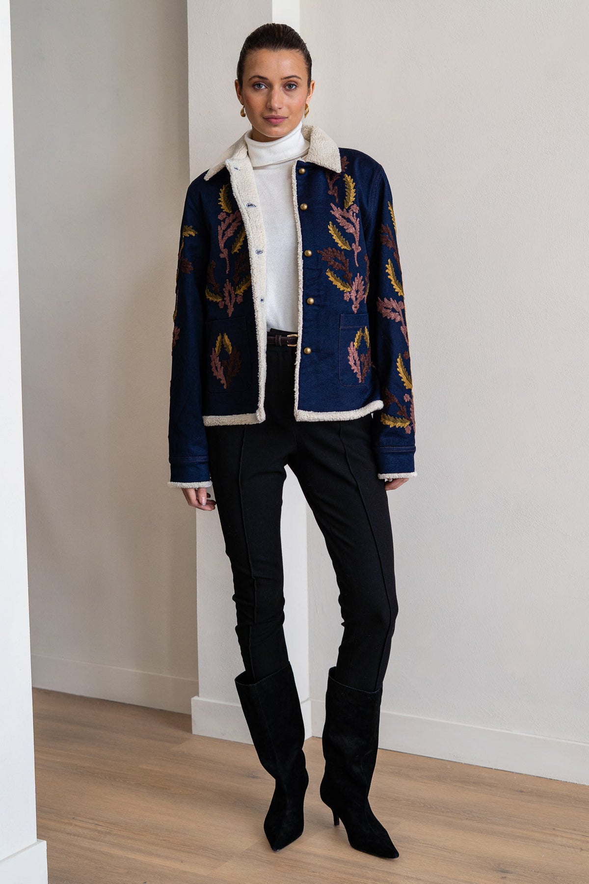 BRDR Raw Dark Indigo Blue Denim Jacket, front full length