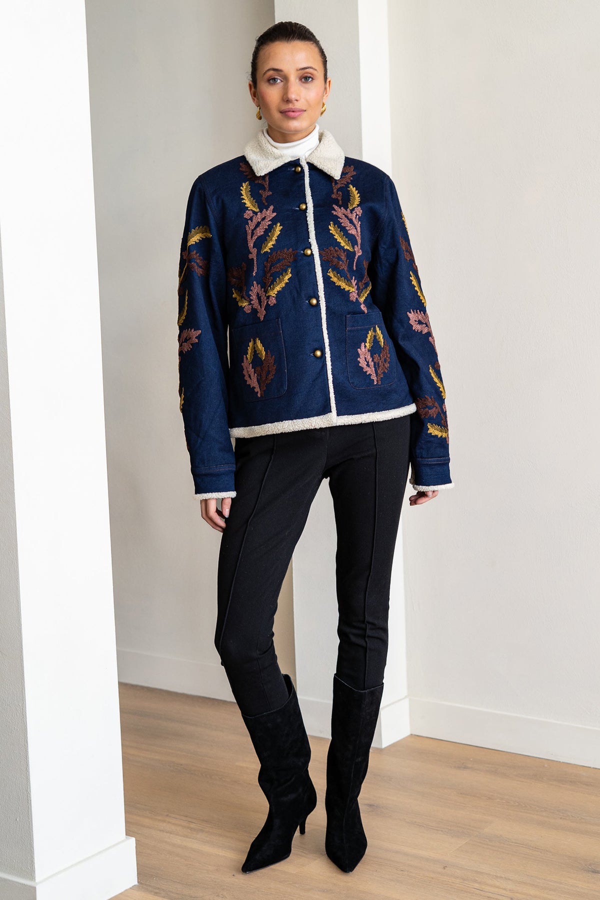 BRDR Raw Dark Indigo Blue Denim Jacket, styled with black trousers