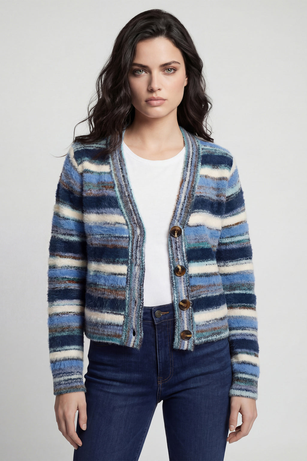 Coco Y Club Blue Stripe Cardigan 2628019, front view worn open