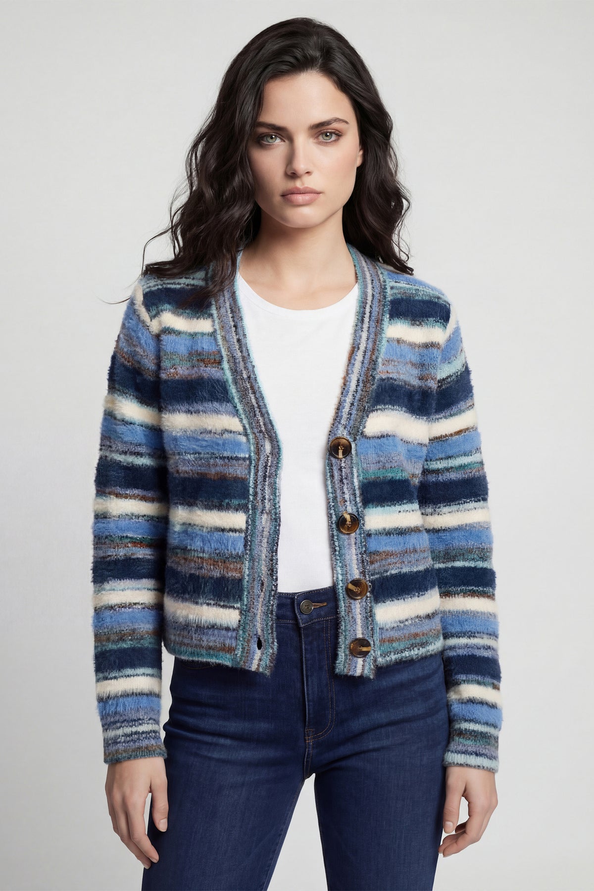 Coco Y Club Blue Stripe Cardigan 2628019, front view worn open
