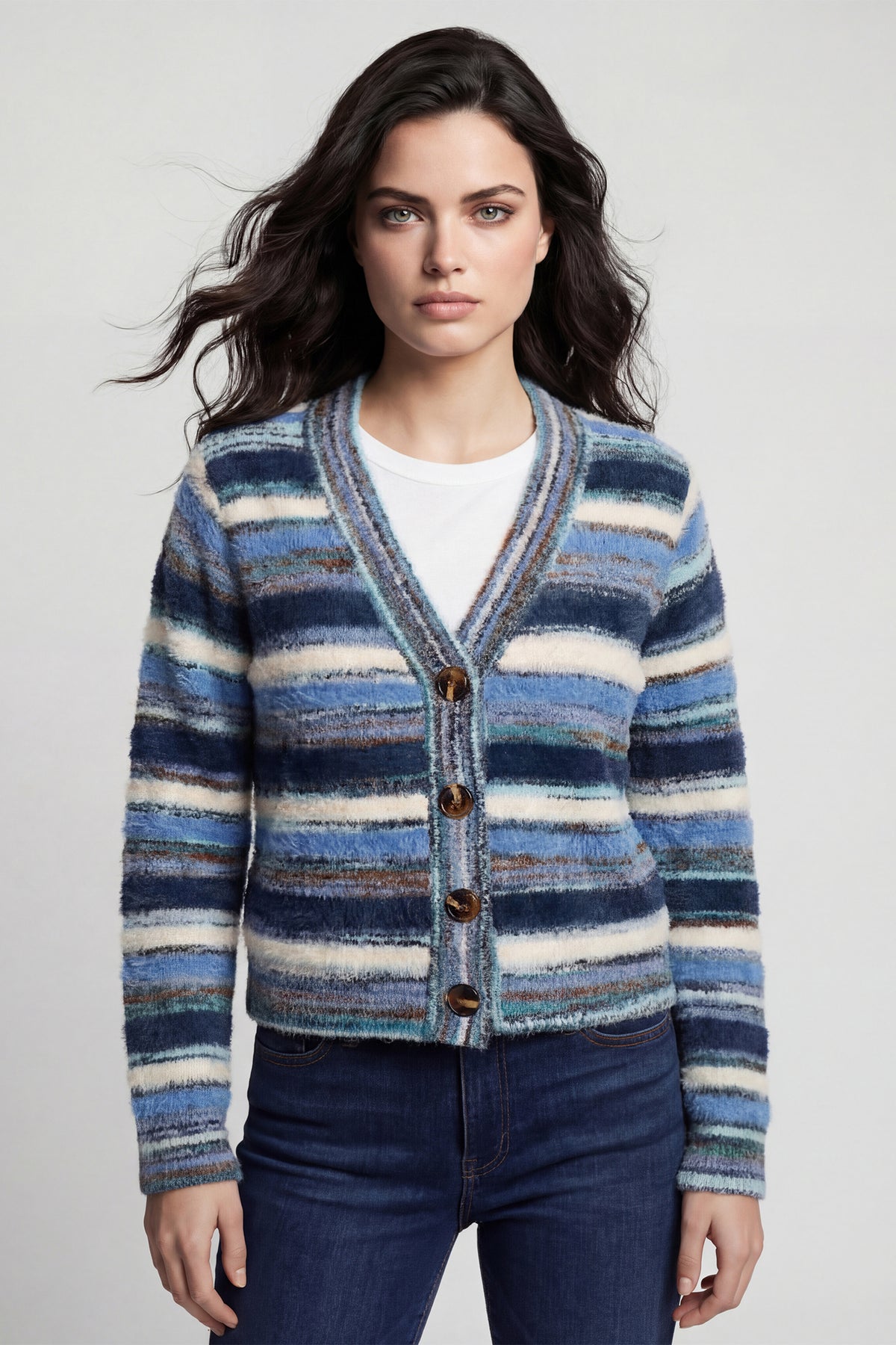 Coco Y Club Blue Stripe Cardigan 2628019, front view showing the button placket