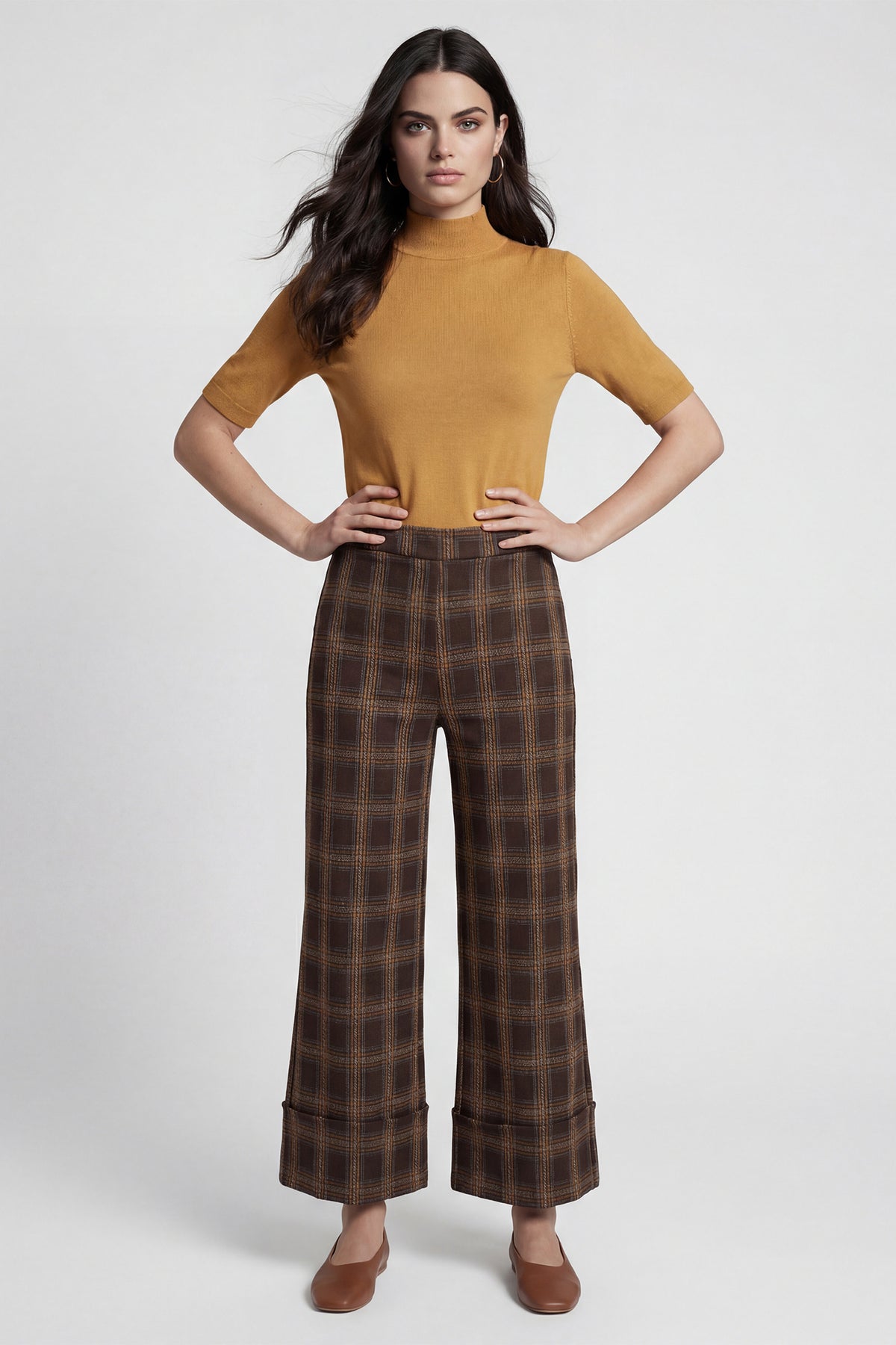 Coco Y Club Chocolate Brown Check Trousers 2622015, full length