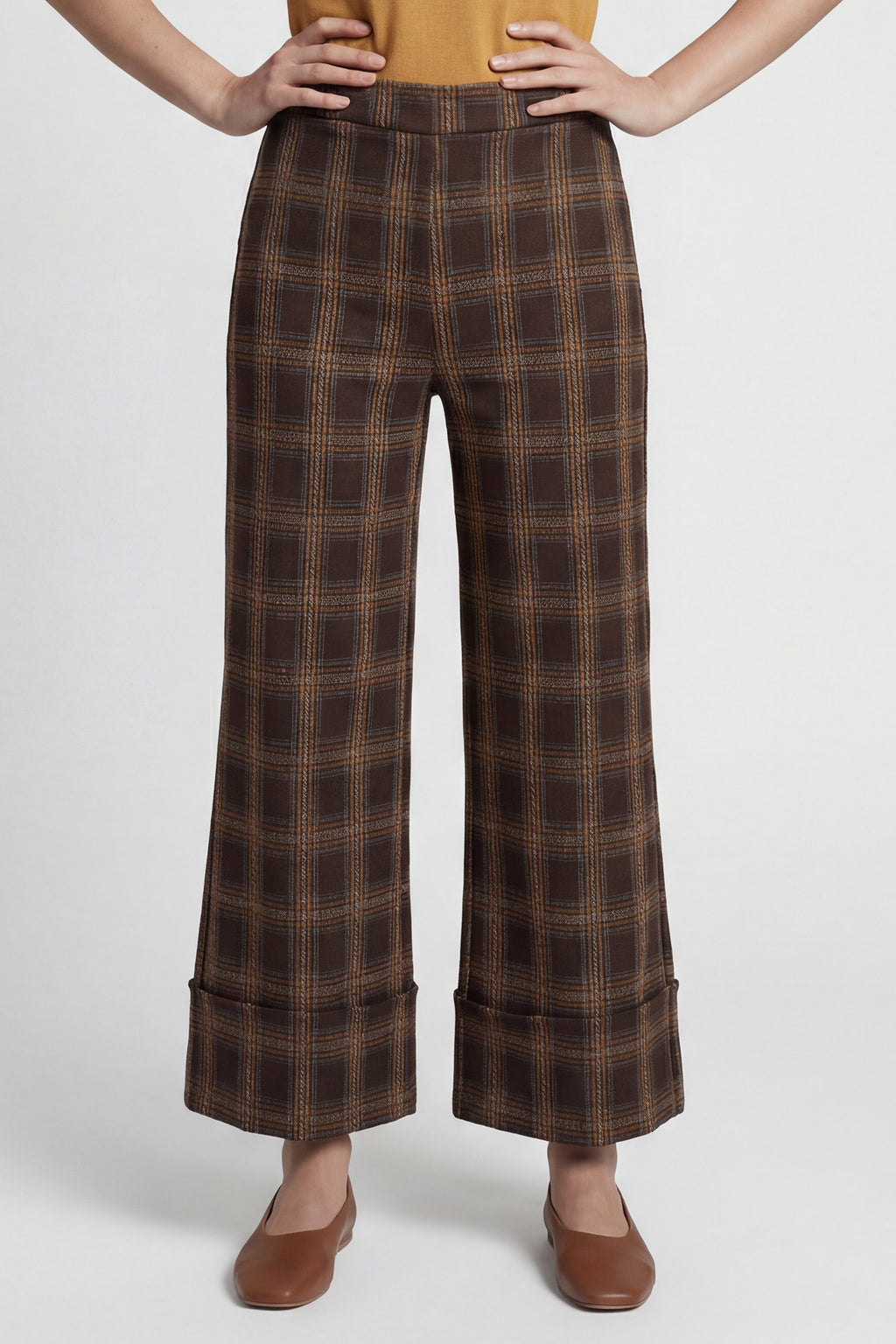 Coco Y Club Chocolate Brown Check Trousers 2622015, cropped view of the leg and turned hem
