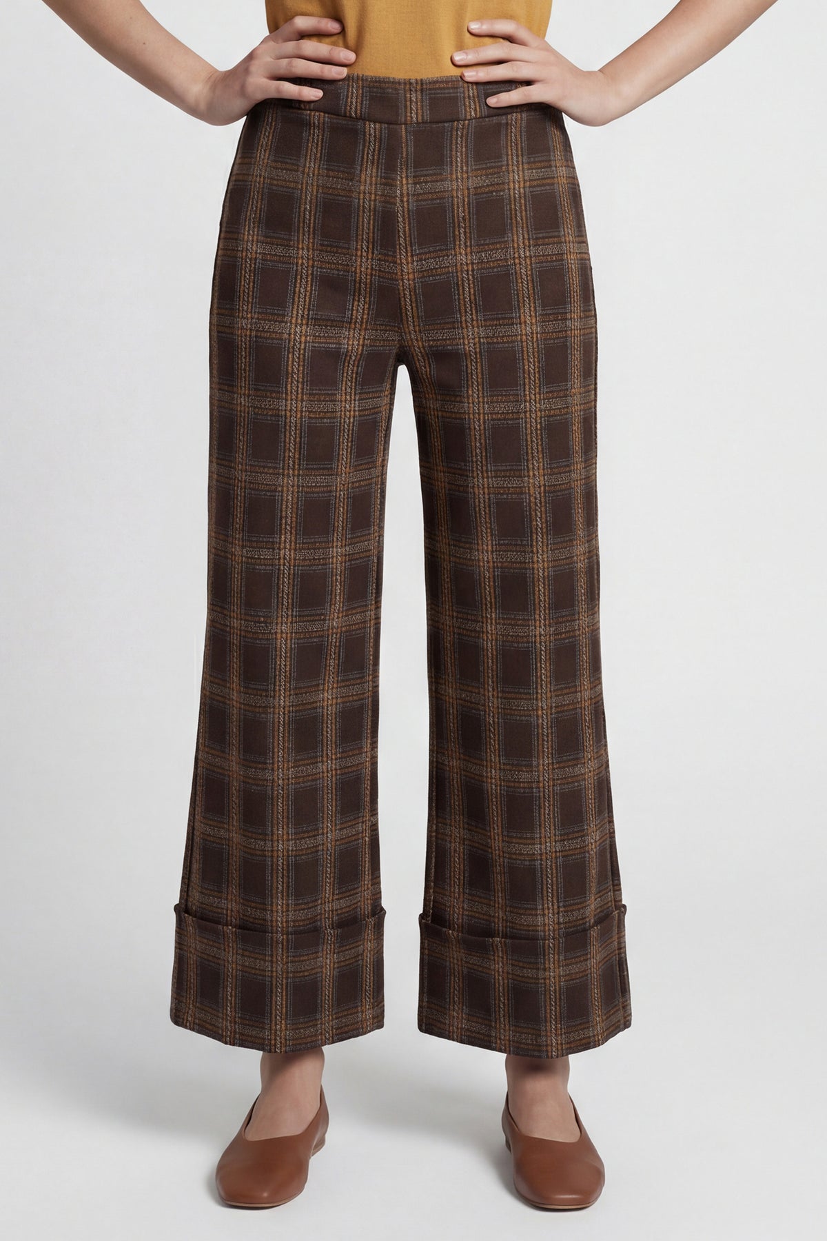 Coco Y Club Chocolate Brown Check Trousers 2622015, cropped view of the leg and turned hem