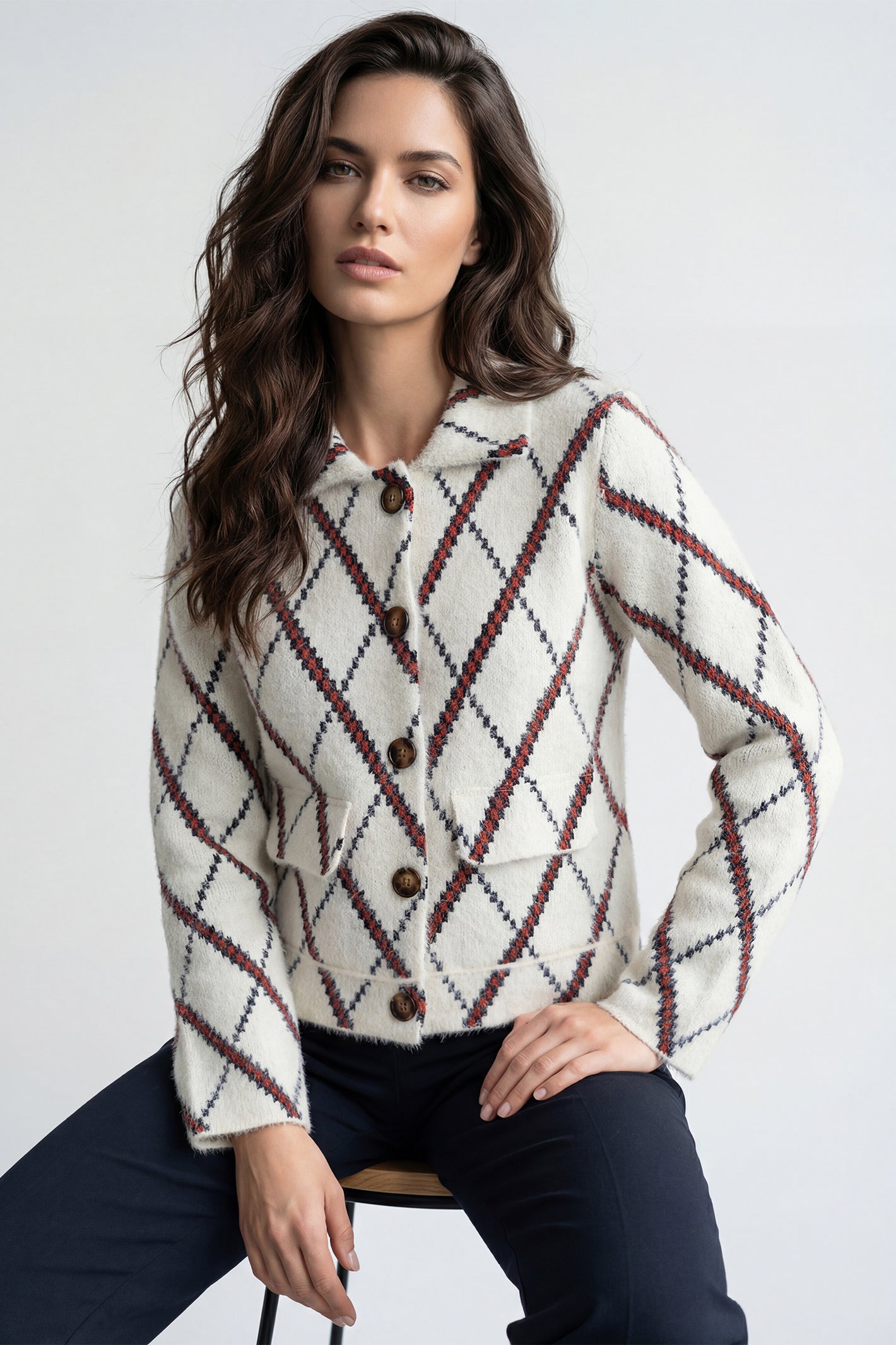 Coco Y Club Vanilla Combo Beige Argyle Cardigan 2628013, front view