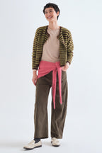 Compania Fantastica Beige Lettuce Edge Long Sleeve Top 63C/11092, full length styled with a striped cardigan and cord trousers
