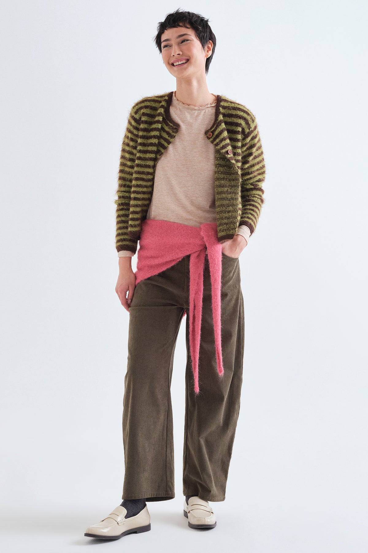 Compania Fantastica Beige Lettuce Edge Long Sleeve Top 63C/11092, full length styled with a striped cardigan and cord trousers
