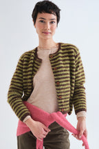 Compania Fantastica Beige Lettuce Edge Long Sleeve Top 63C/11092, styled under an olive striped cardigan