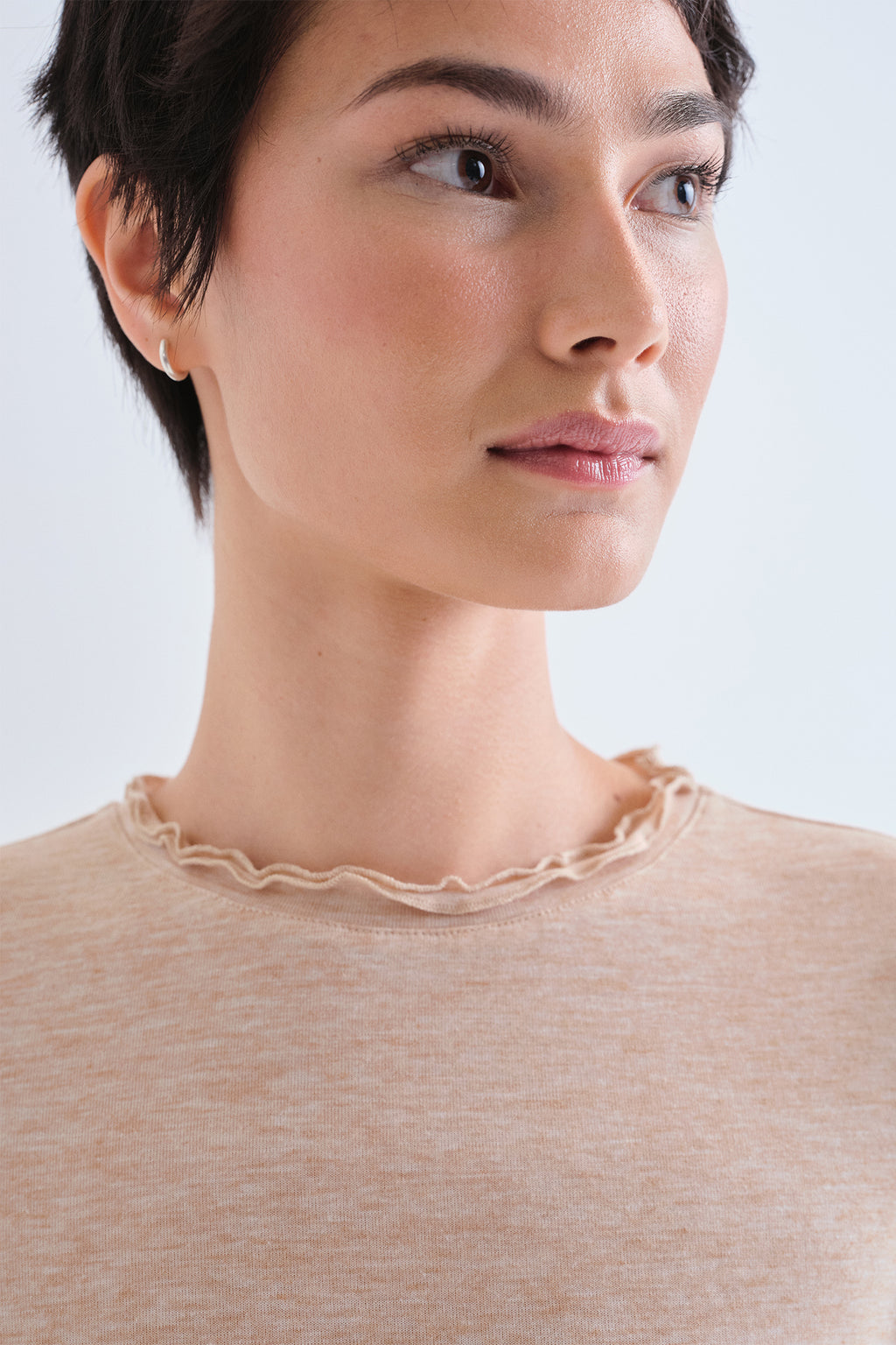 Compania Fantastica Beige Lettuce Edge Long Sleeve Top 63C/11092, lettuce edge neckline detail