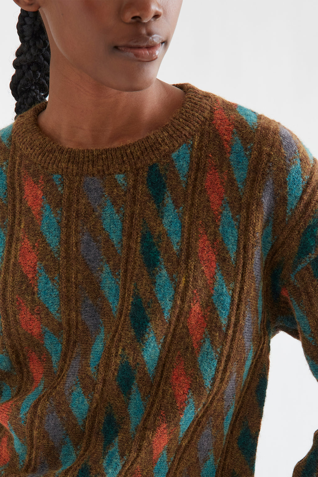 Compania Fantastica Multicolour Geometric Knit Jumper 64C/10295, diamond pattern and neckband detail