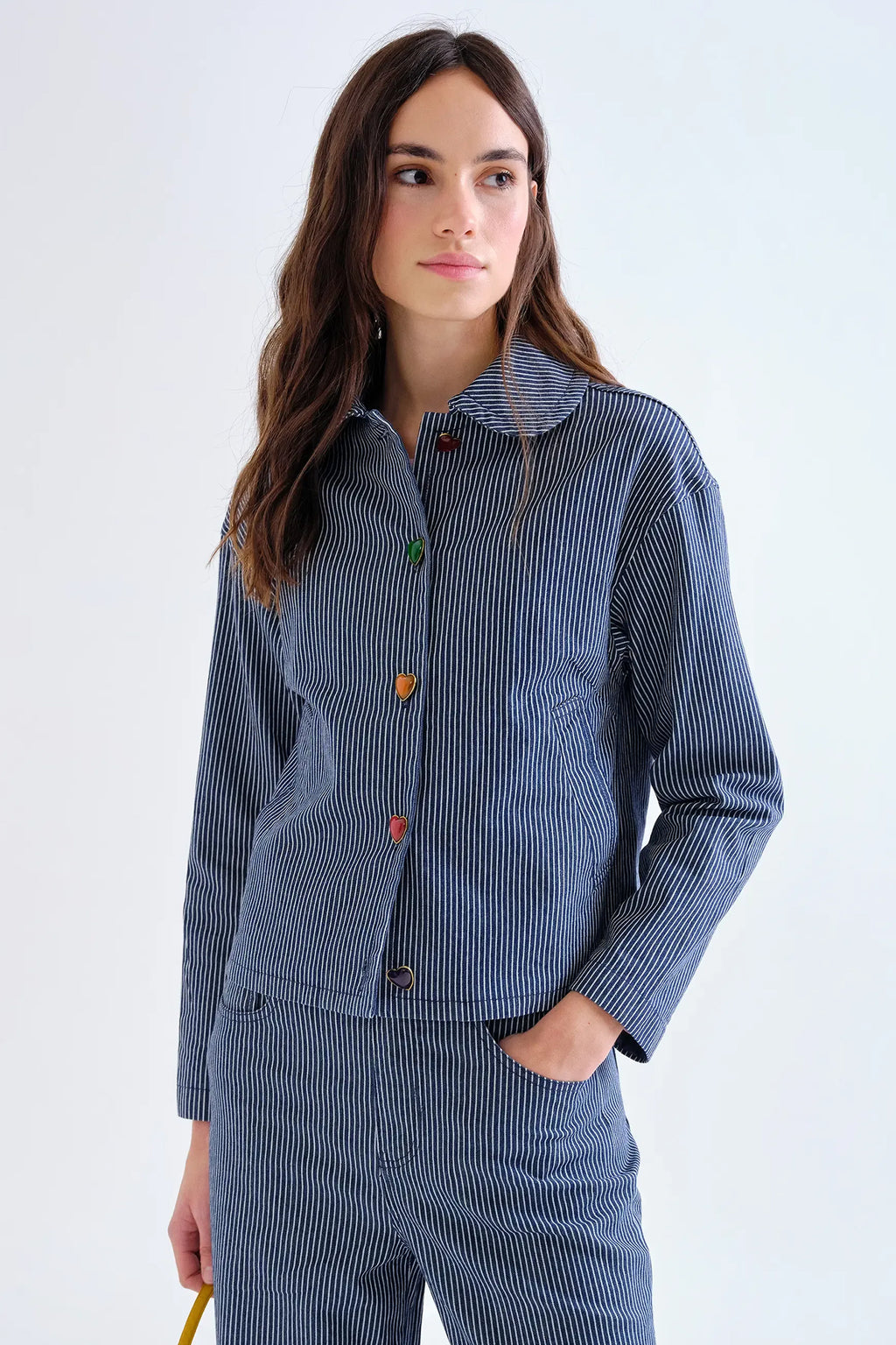Compania Fantastica Navy Blue Striped Cropped Jacket 63C/11012, front view
