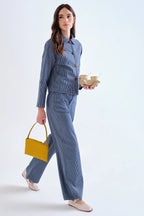 Compania Fantastica Navy Blue Striped Cropped Jacket 63C/11012, styled with matching trousers